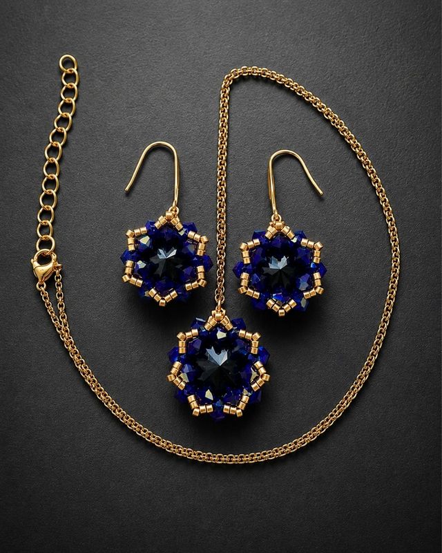 Komplet biżuterii handmade Cobalt Maxima z czarnymi kryształami Preciosa Rivoli Maxima Jet i niebieskimi kryształkami Bicone Cobalt AB. Wiszące kolczyki o długości 4 cm oraz naszyjnik z zawieszką około 2,7 × 2,9 cm zdobią złote koraliki Miyuki Delica i elementy ze stali nierdzewnej.